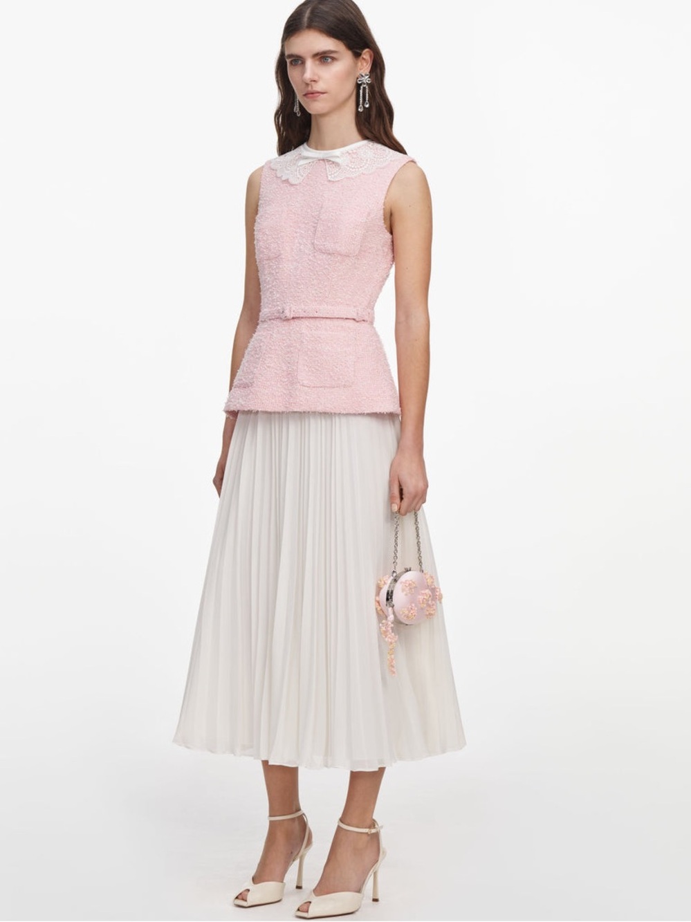 NWOT Self-Portrait PINK BOUCLE LACE COLLAR MIDI DRESS - Picture 3 of 6